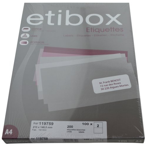 ETIQUETAS ADH.IMPR. A4 BLANCA CAJA 100h C.RECTOS 210x148,5 mm 200 uds.